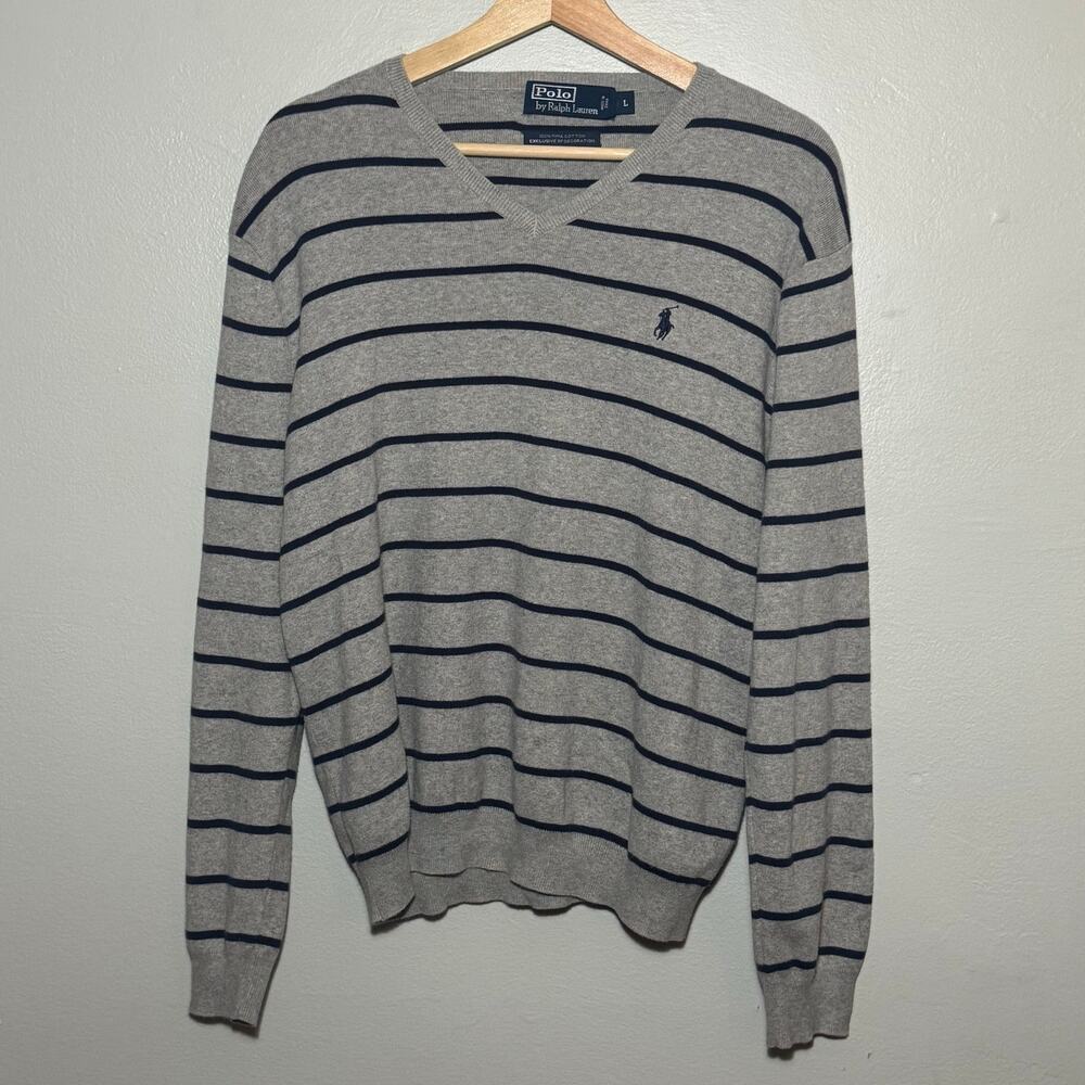 Vintage Mens Size L Polo by Ralph Lauren 100% Cotton Gray & Blue Striped Sweater